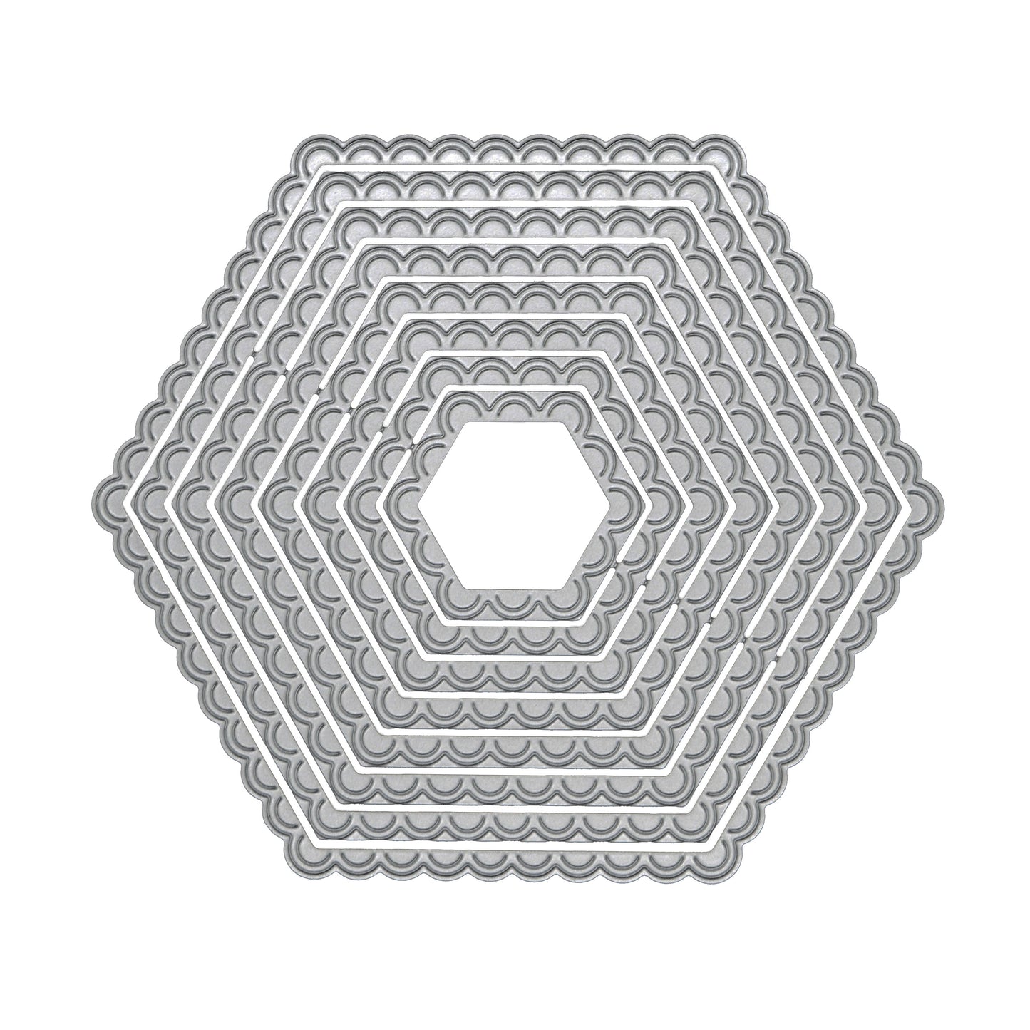 Graduated scalloped hexagon nesting metal cutting dies displayed on a clean white background for handmade cards and crafts.