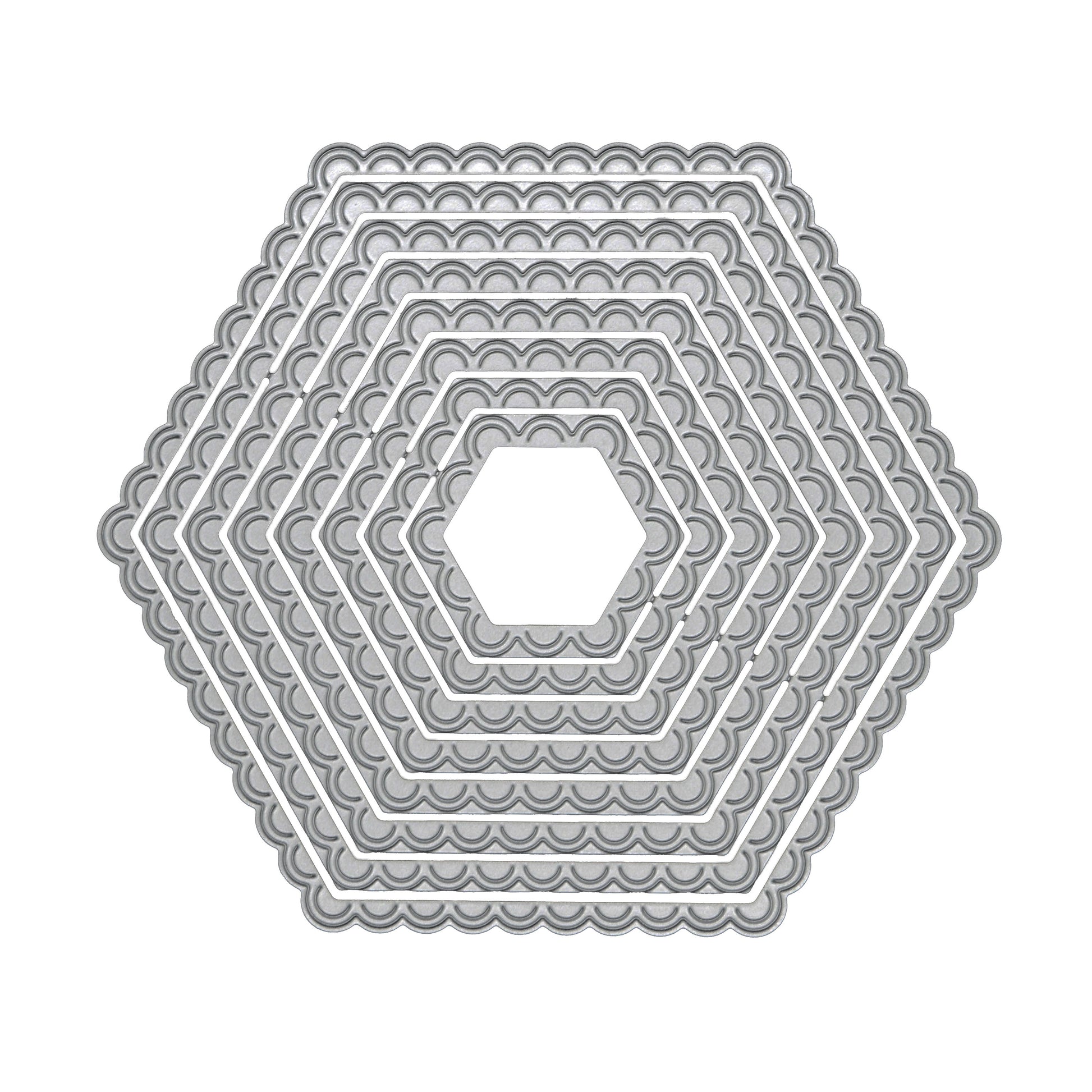 Graduated scalloped hexagon nesting metal cutting dies displayed on a clean white background for handmade cards and crafts.