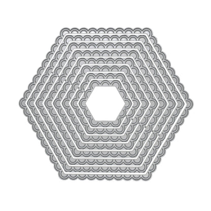 Graduated scalloped hexagon nesting metal cutting dies displayed on a clean white background for handmade cards and crafts.