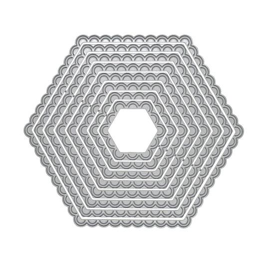 Graduated scalloped hexagon nesting metal cutting dies displayed on a clean white background for handmade cards and crafts.