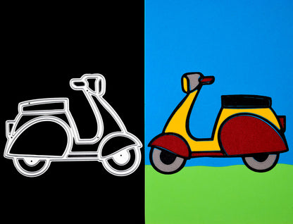Scooter metal cutting die alongside finished die cut example for card making
