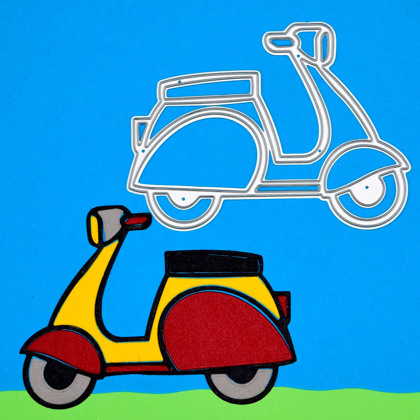 Scooter metal cutting die with coloured cardstock example for card making