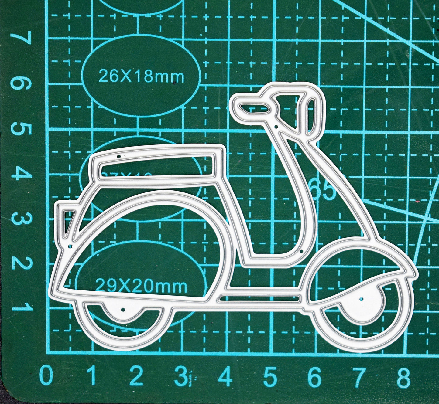 Scooter metal cutting die size reference on cutting mat for card making