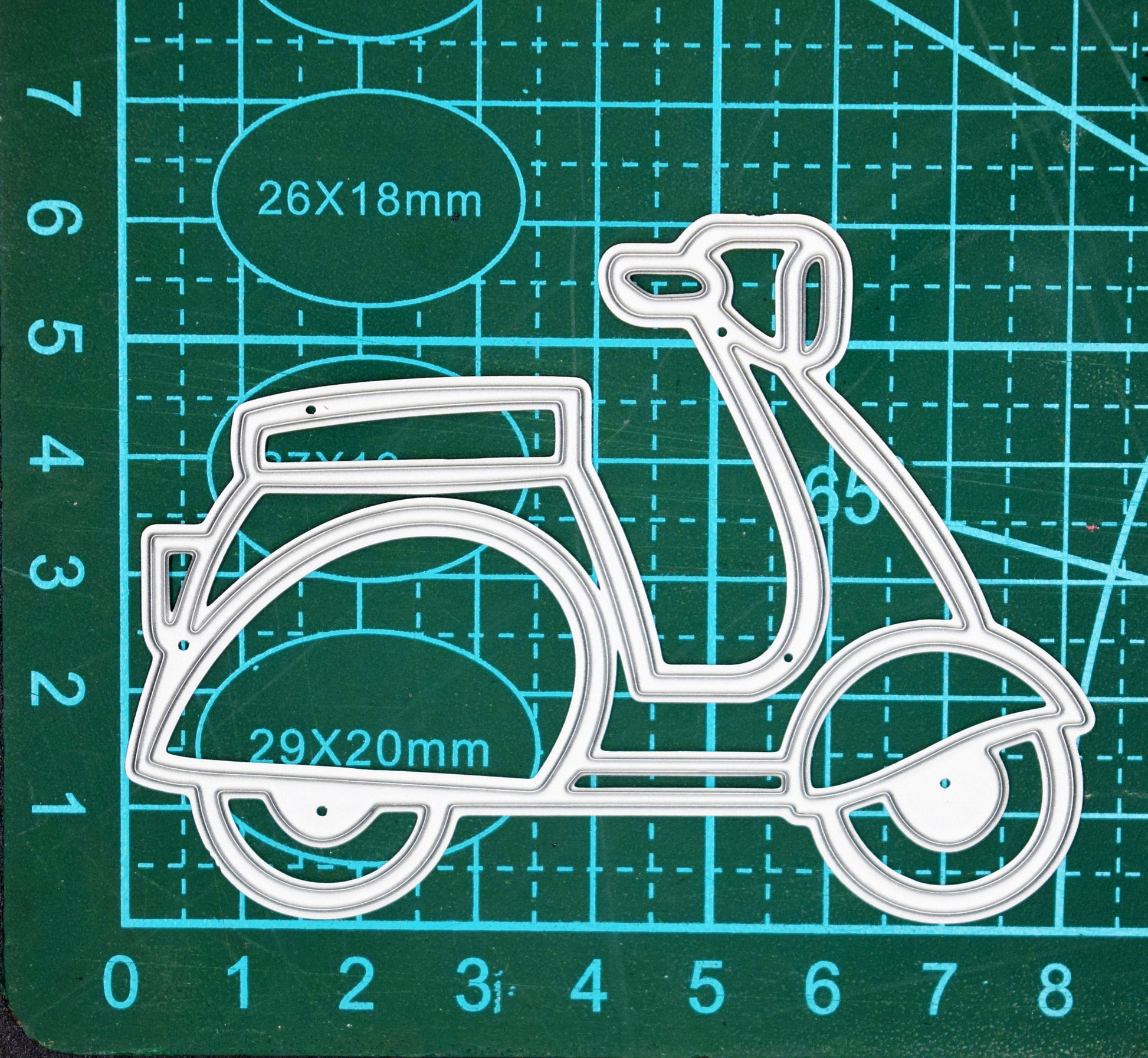 Scooter metal cutting die size reference on cutting mat for card making