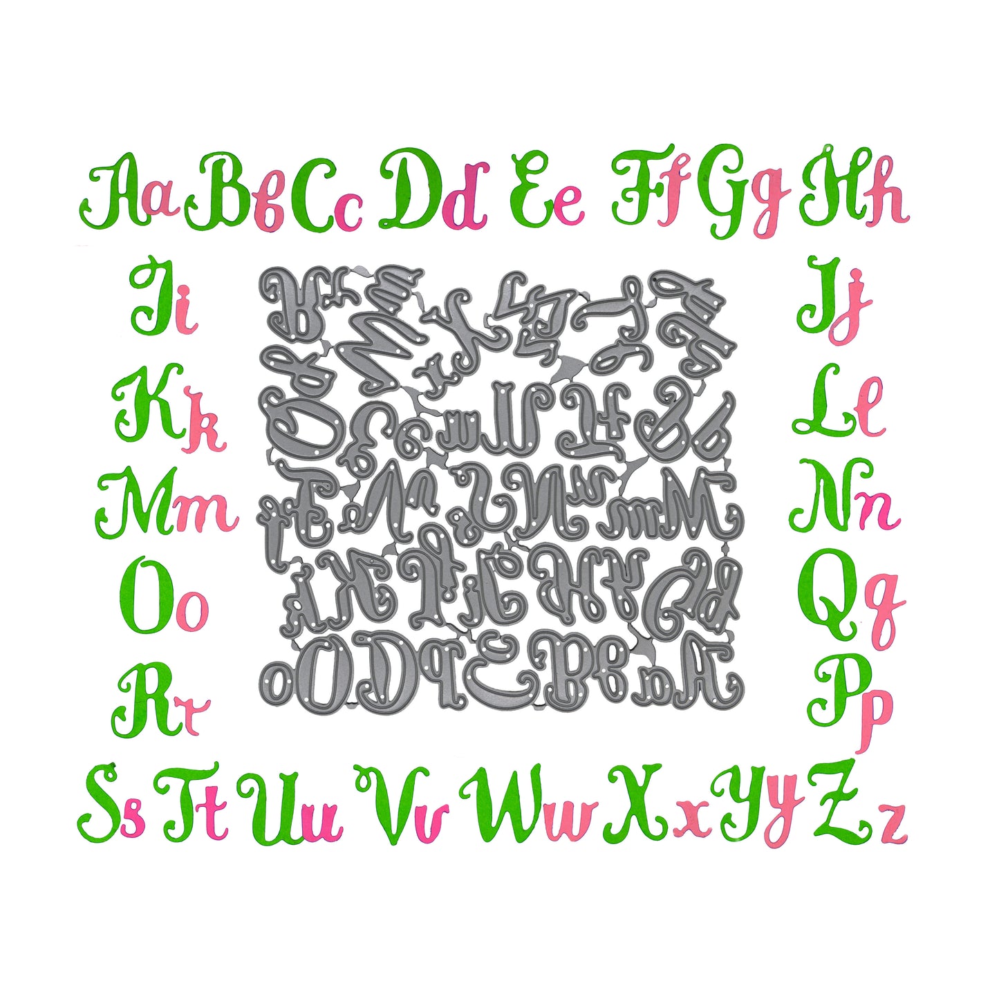 Uppercase and lowercase script alphabet metal cutting dies surrounded by green and pink example letter cuts for card making