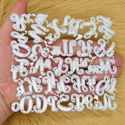 Connected uppercase and lowercase script alphabet metal cutting die set held in hand to demonstrate its overall size