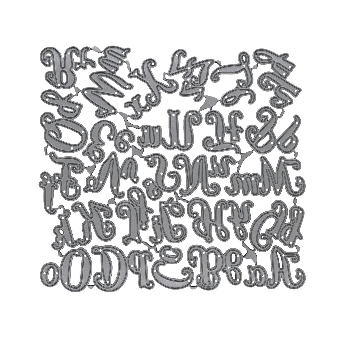 Decorative uppercase and lowercase script alphabet metal cutting die set displayed on a clean white background