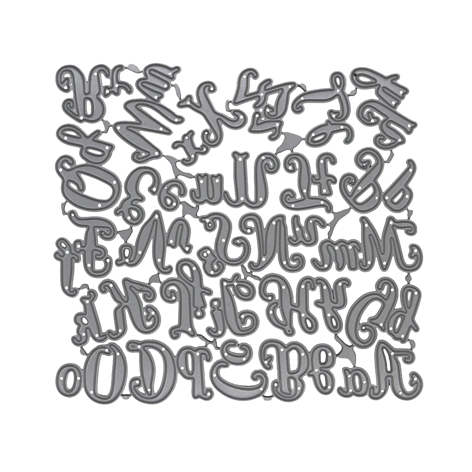 Decorative uppercase and lowercase script alphabet metal cutting die set displayed on a clean white background