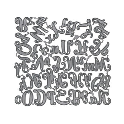 Decorative uppercase and lowercase script alphabet metal cutting die set displayed on a clean white background
