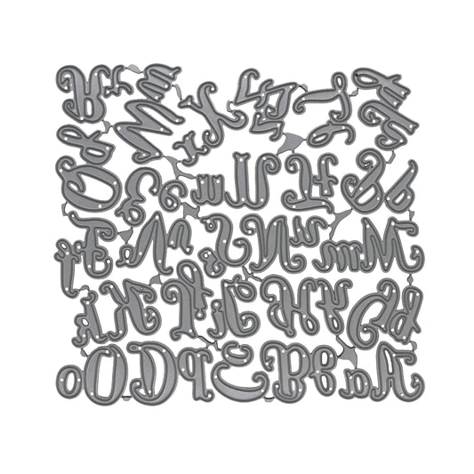 Decorative uppercase and lowercase script alphabet metal cutting die set displayed on a clean white background