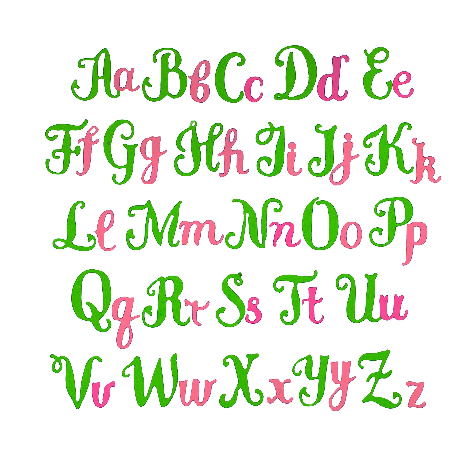 Uppercase and lowercase script alphabet die cuts displayed in contrasting green and pink cardstock on a white background