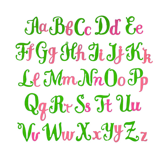 Uppercase and lowercase script alphabet die cuts displayed in contrasting green and pink cardstock on a white background