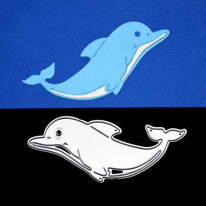 Sea life dolphin die cut example and metal cutting die displayed together for craft projects