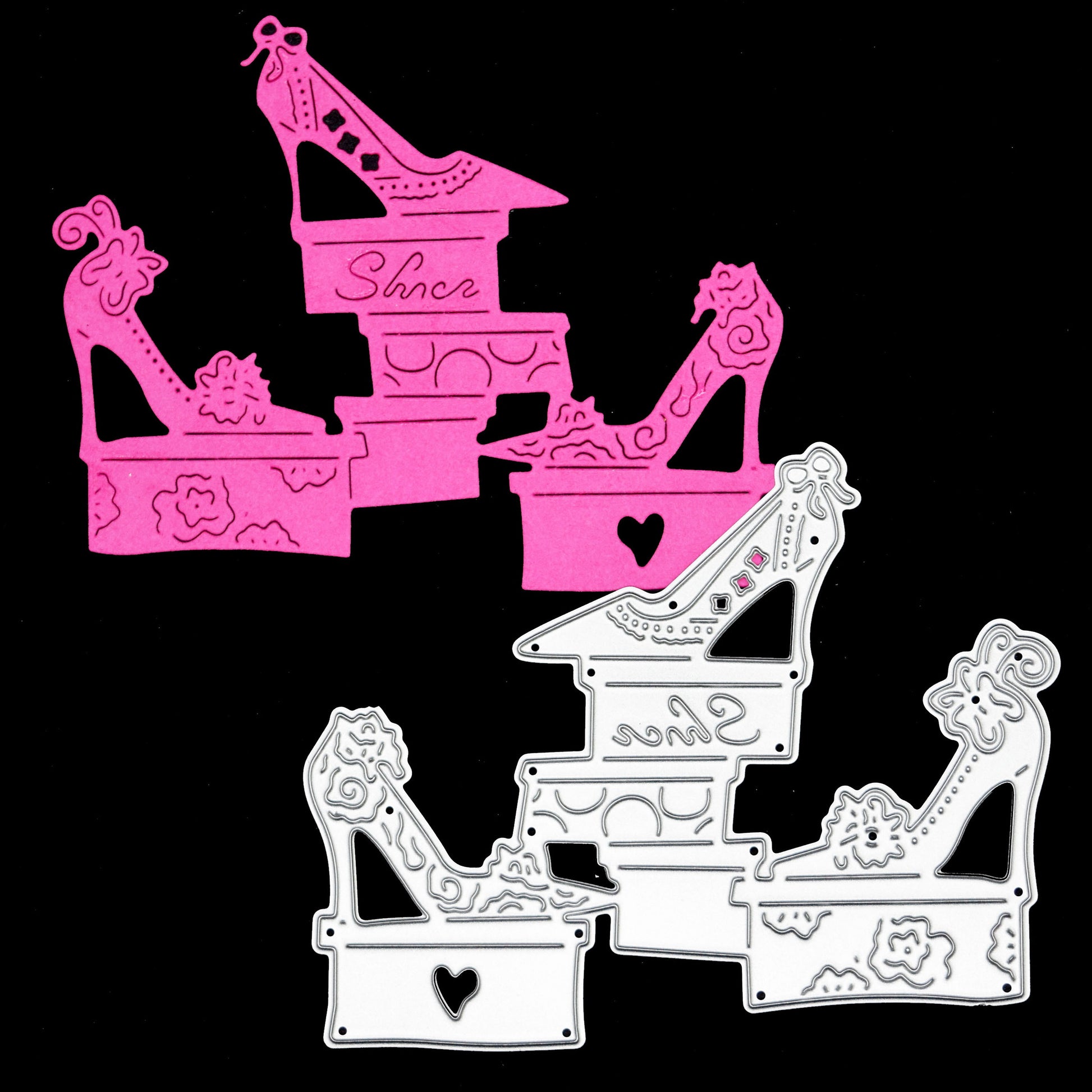 Fashion shoe and shoebox metal cutting die with matching pink die cut example for card making
