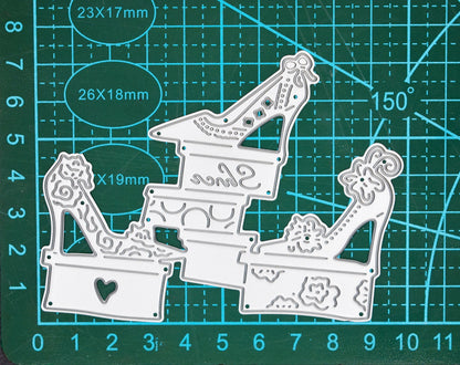 Fashion high heel shoe metal cutting die on cutting mat showing size for papercraft projects