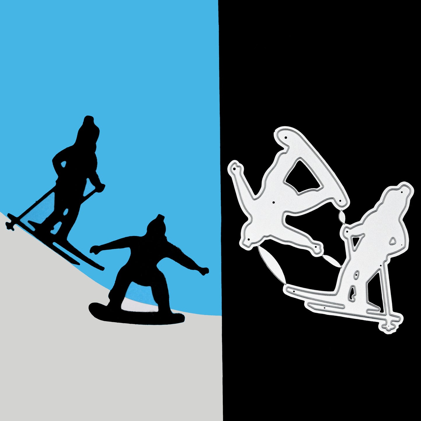 Finished black skier and snowboarder cuts displayed beside the matching metal cutting dies for winter-themed card making.
