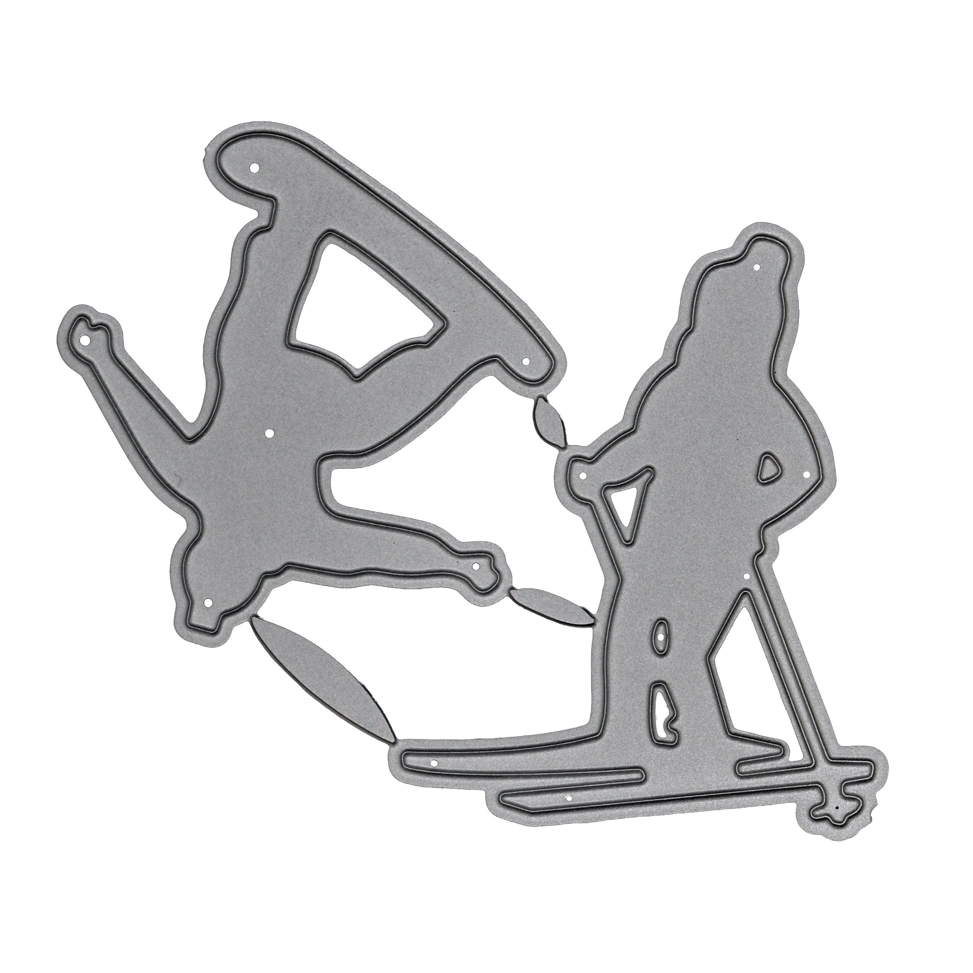 Skier and snowboarder metal cutting dies displayed on a clean white background for winter sports cards and papercraft projects.