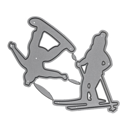 Skier and snowboarder metal cutting dies displayed on a clean white background for winter sports cards and papercraft projects.