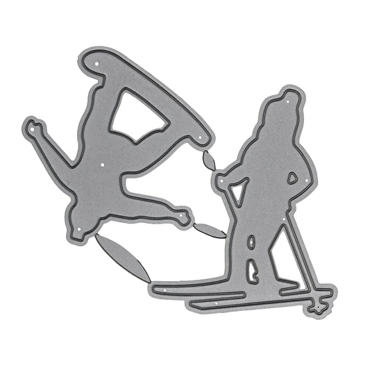 Skier and snowboarder metal cutting dies displayed on a clean white background for winter sports cards and papercraft projects.