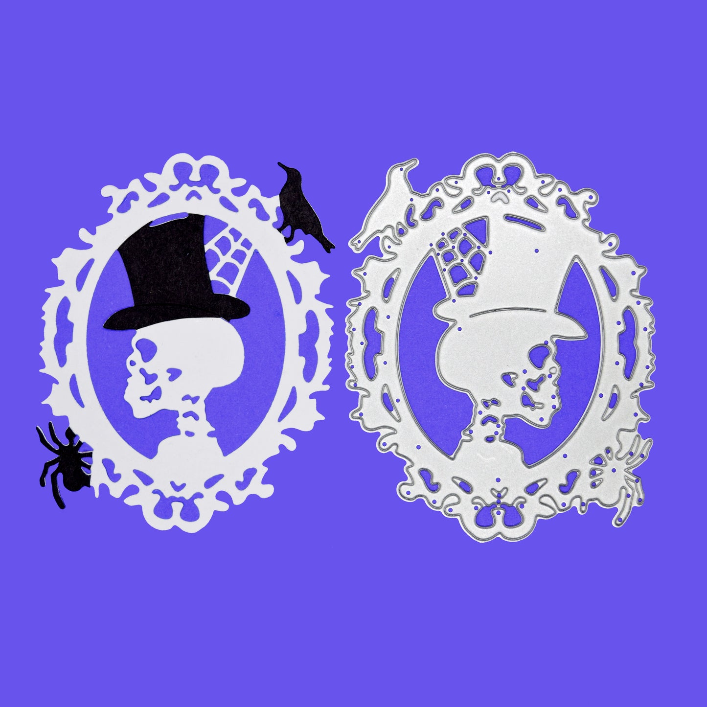 Finished skull silhouette die cut beside gothic Halloween metal cutting die