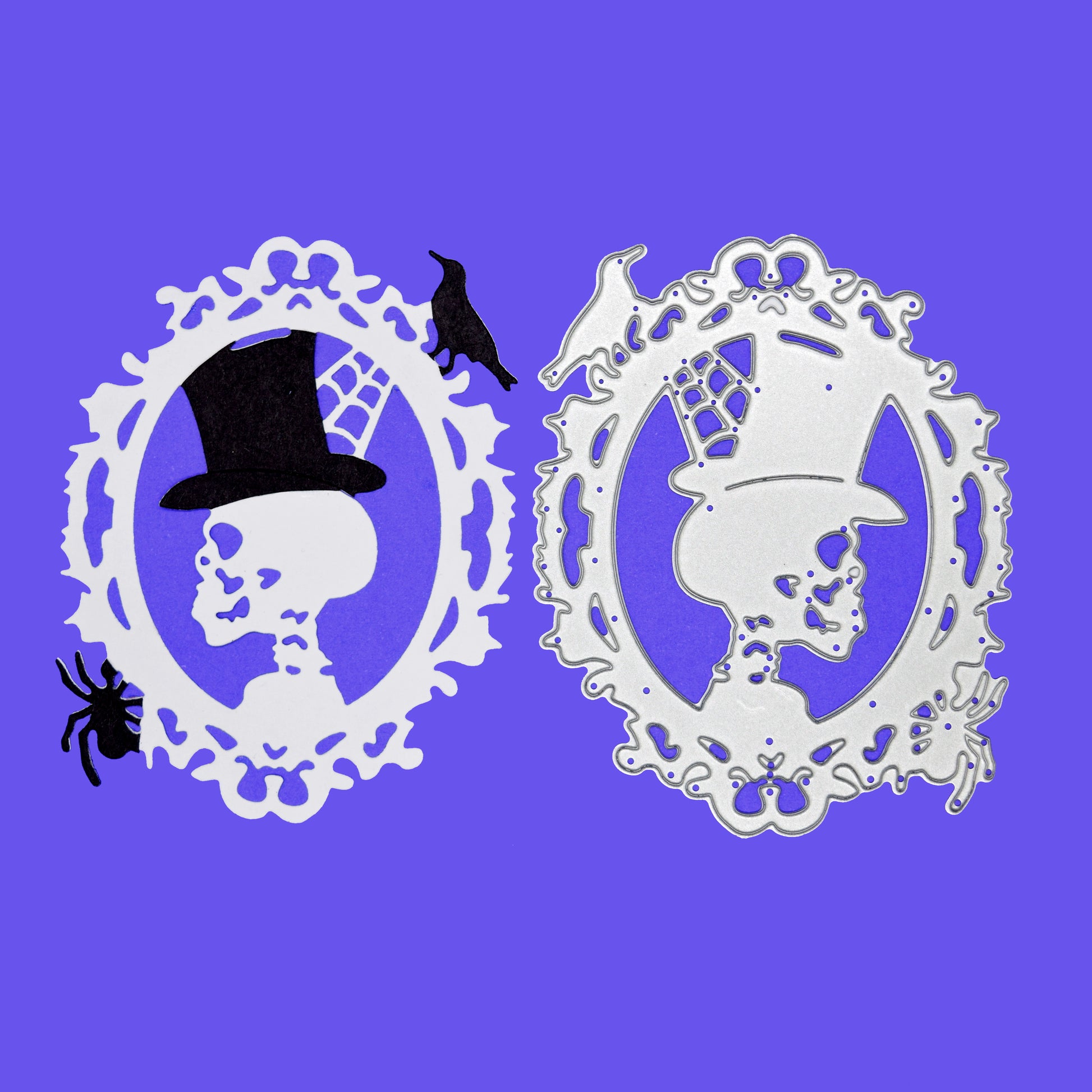 Finished skull silhouette die cut beside gothic Halloween metal cutting die