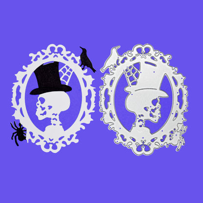 Finished skull silhouette die cut beside gothic Halloween metal cutting die