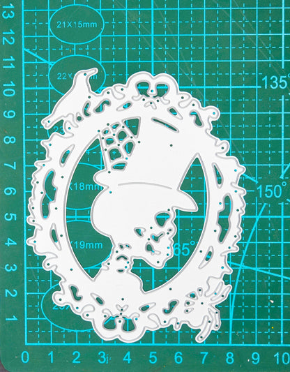 Skull with top hat gothic frame metal cutting die on measuring mat