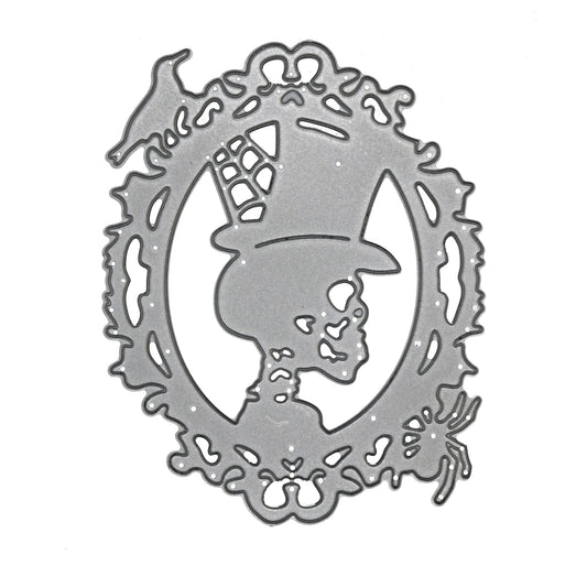 Skull with top hat Halloween metal cutting die with gothic ornamental frame