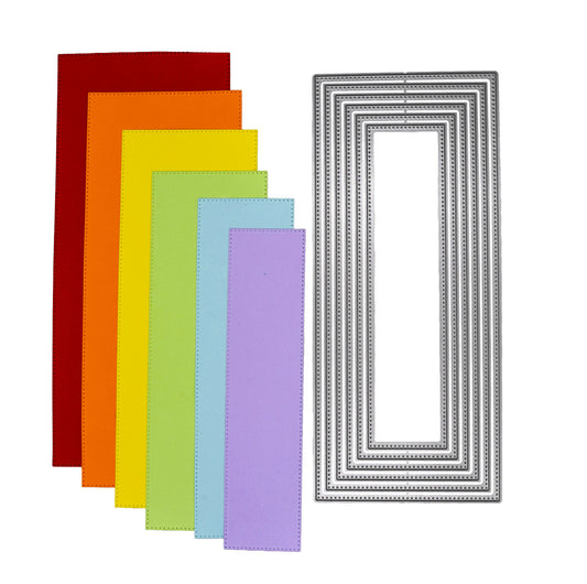 Six coloured slimline rectangle cuts beside the matching nesting metal cutting dies, showing the graduated sizes and dotted edge finish.