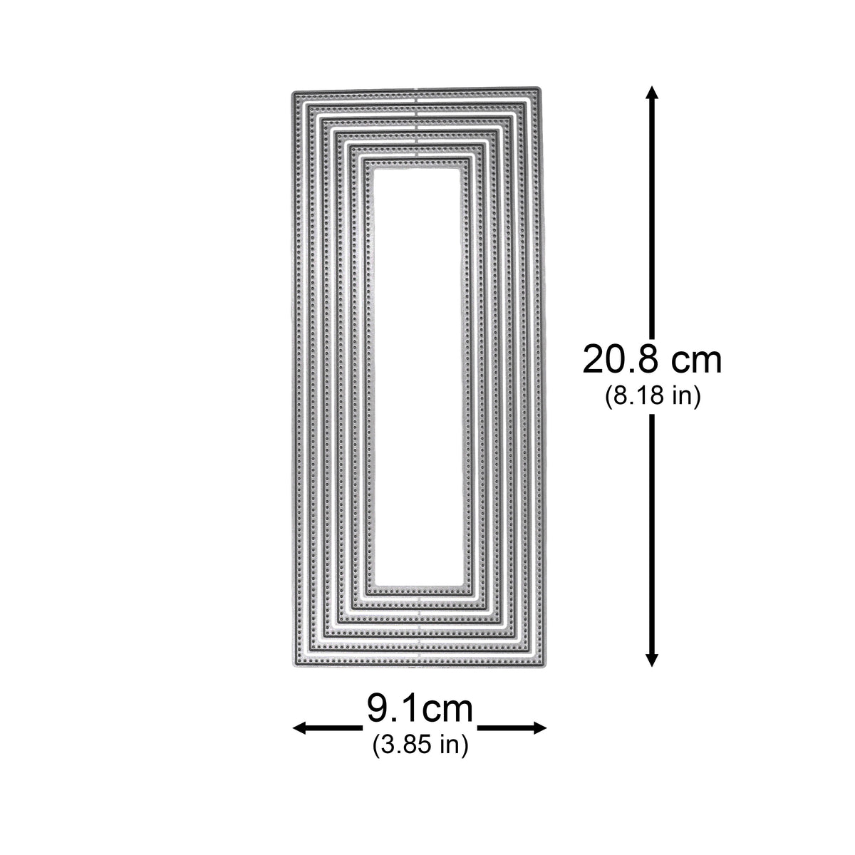 Slimline rectangle nesting metal cutting dies shown with approximate overall measurements of 20.8 × 9.1 cm for card making.