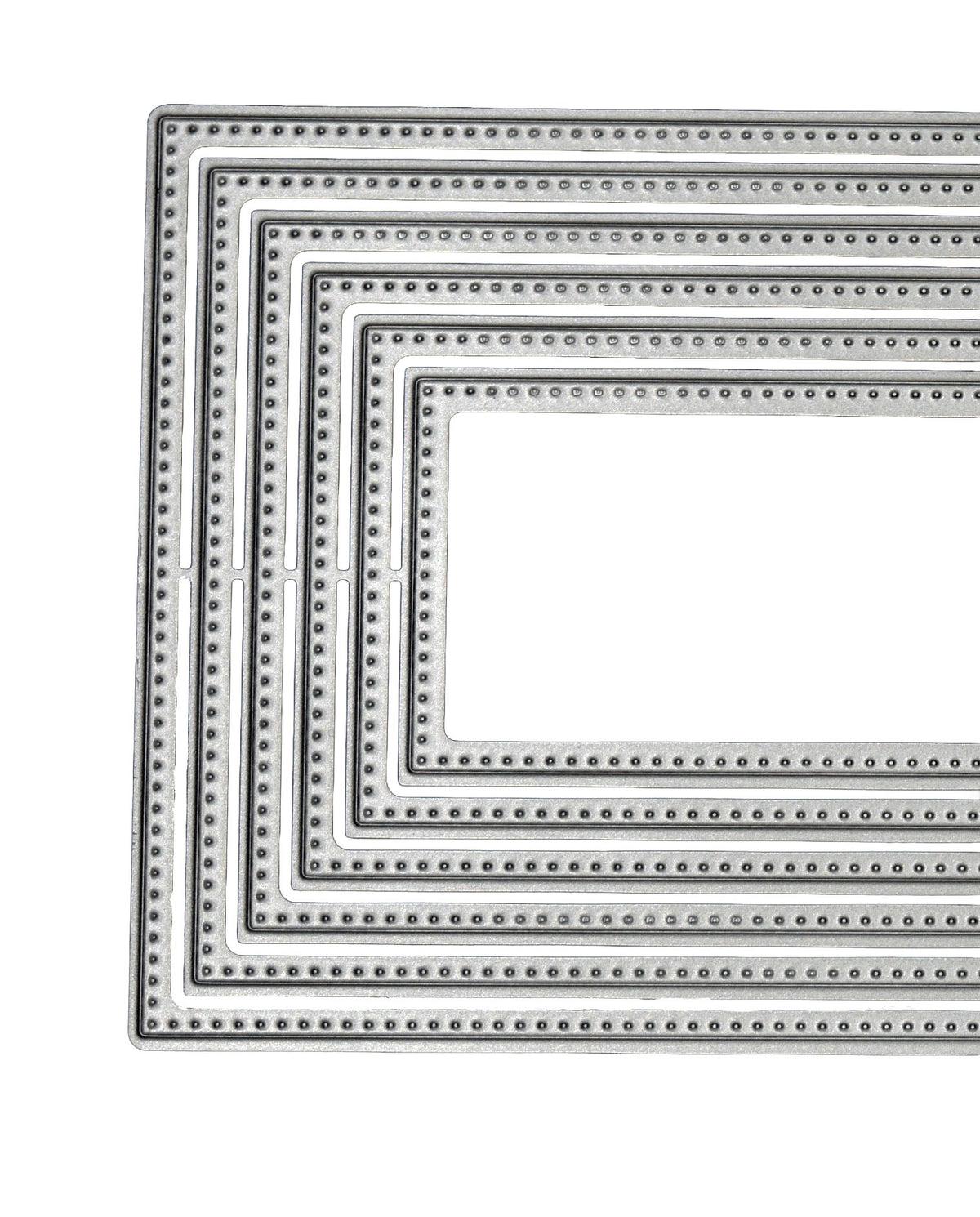 Close-up of slimline rectangle nesting metal cutting dies showing the detailed dotted edge around each graduated rectangle.