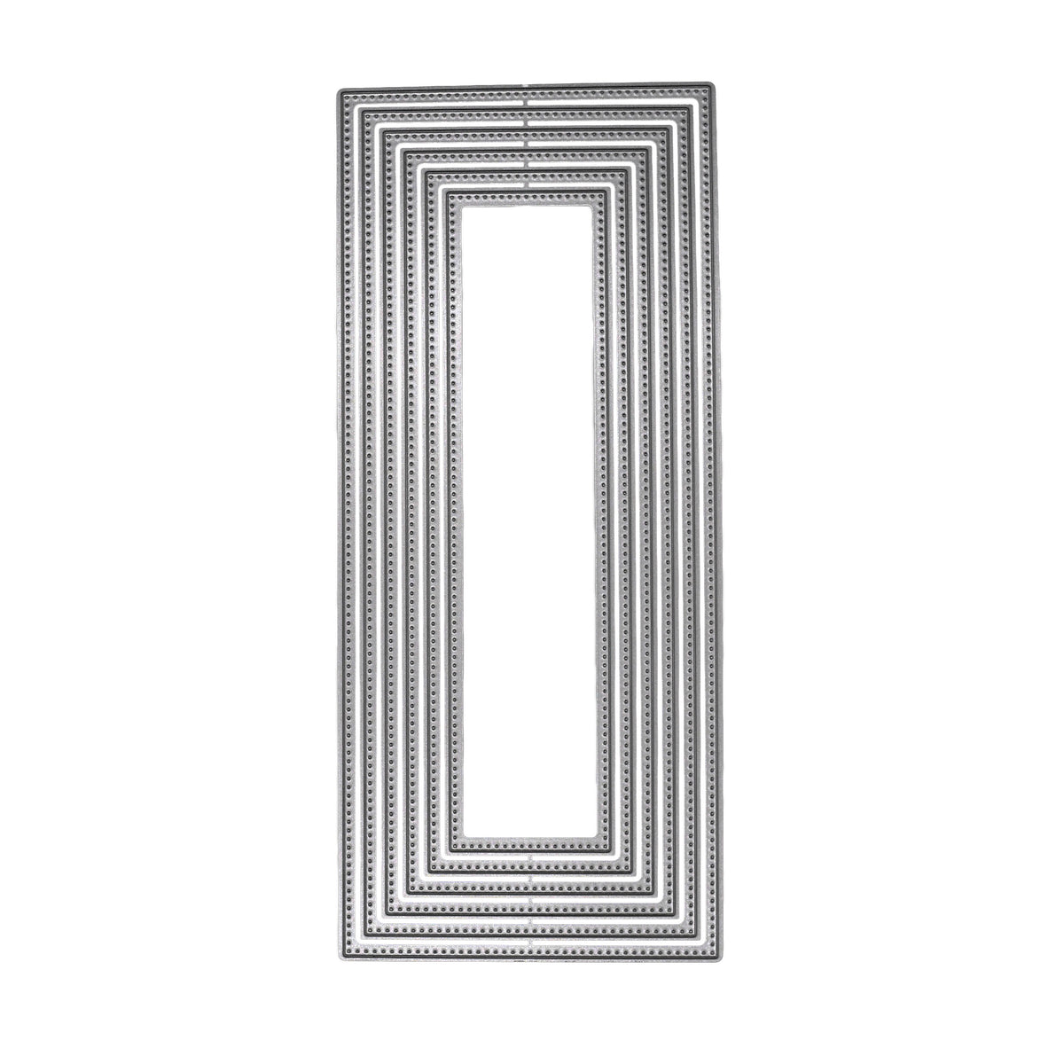 Set of six large slimline rectangle nesting metal cutting dies with decorative dotted borders on a white background.