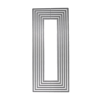 Set of six large slimline rectangle nesting metal cutting dies with decorative dotted borders on a white background.