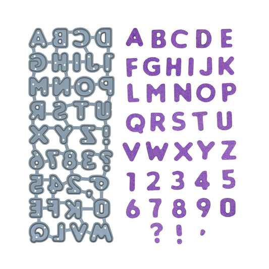 Small uppercase alphabet and number metal cutting dies shown with purple letter, number and punctuation die cuts