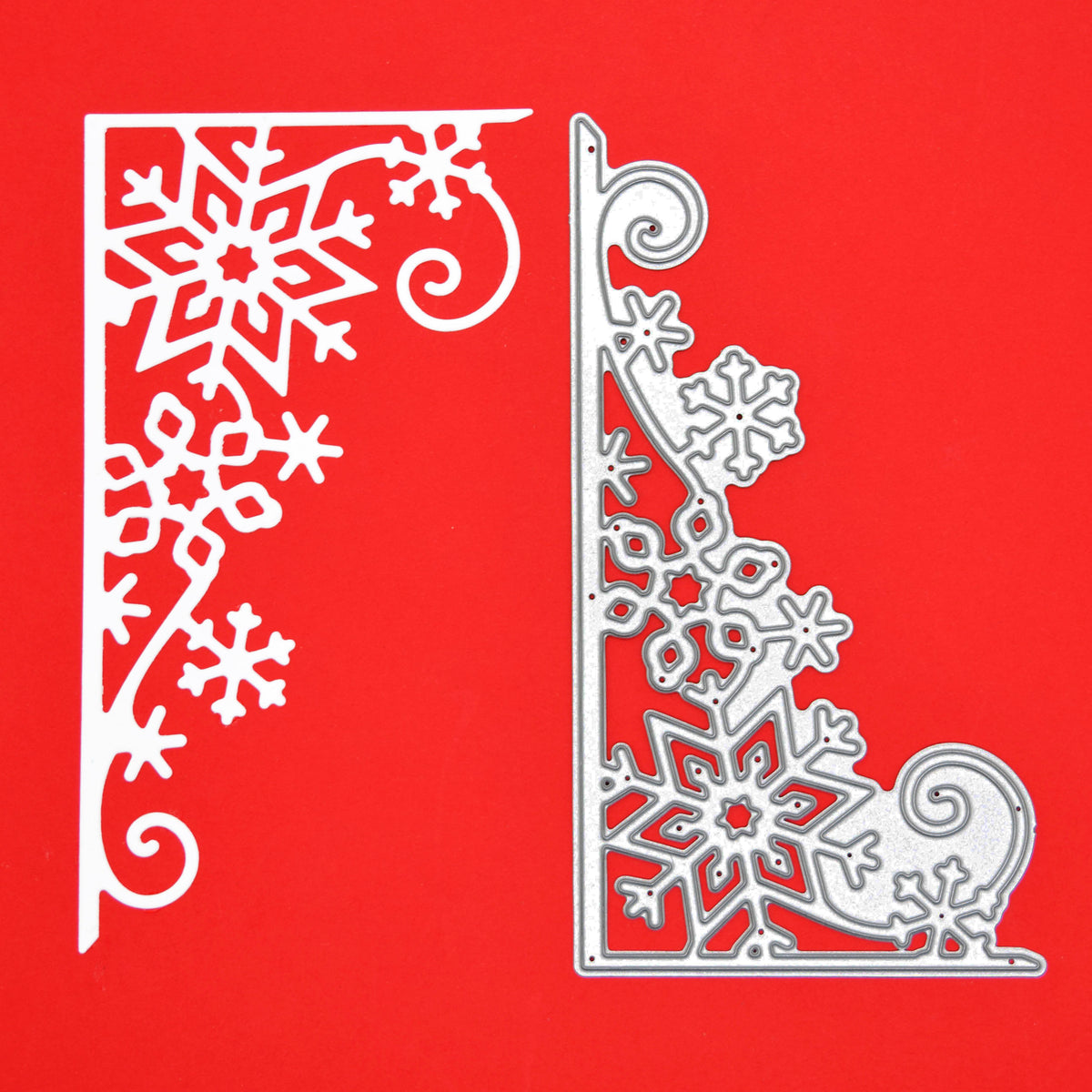 Large Christmas snowflake corner border paper cut shown beside the matching metal cutting die for card making and papercraft.