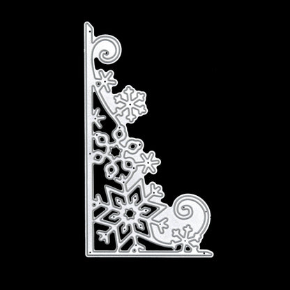 Detailed Christmas snowflake corner border metal cutting die displayed against a black background.