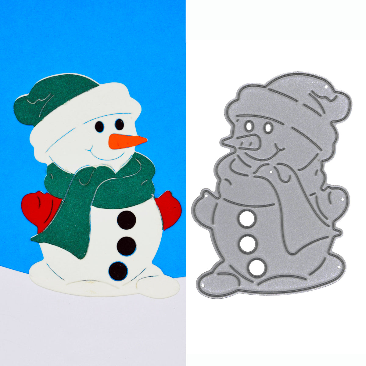 Snowman metal cutting die beside a coloured example with a green bobble hat and scarf, red mittens and an orange carrot nose.