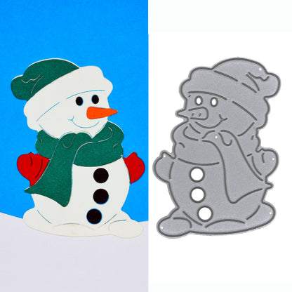 Snowman metal cutting die beside a coloured example with a green bobble hat and scarf, red mittens and an orange carrot nose.