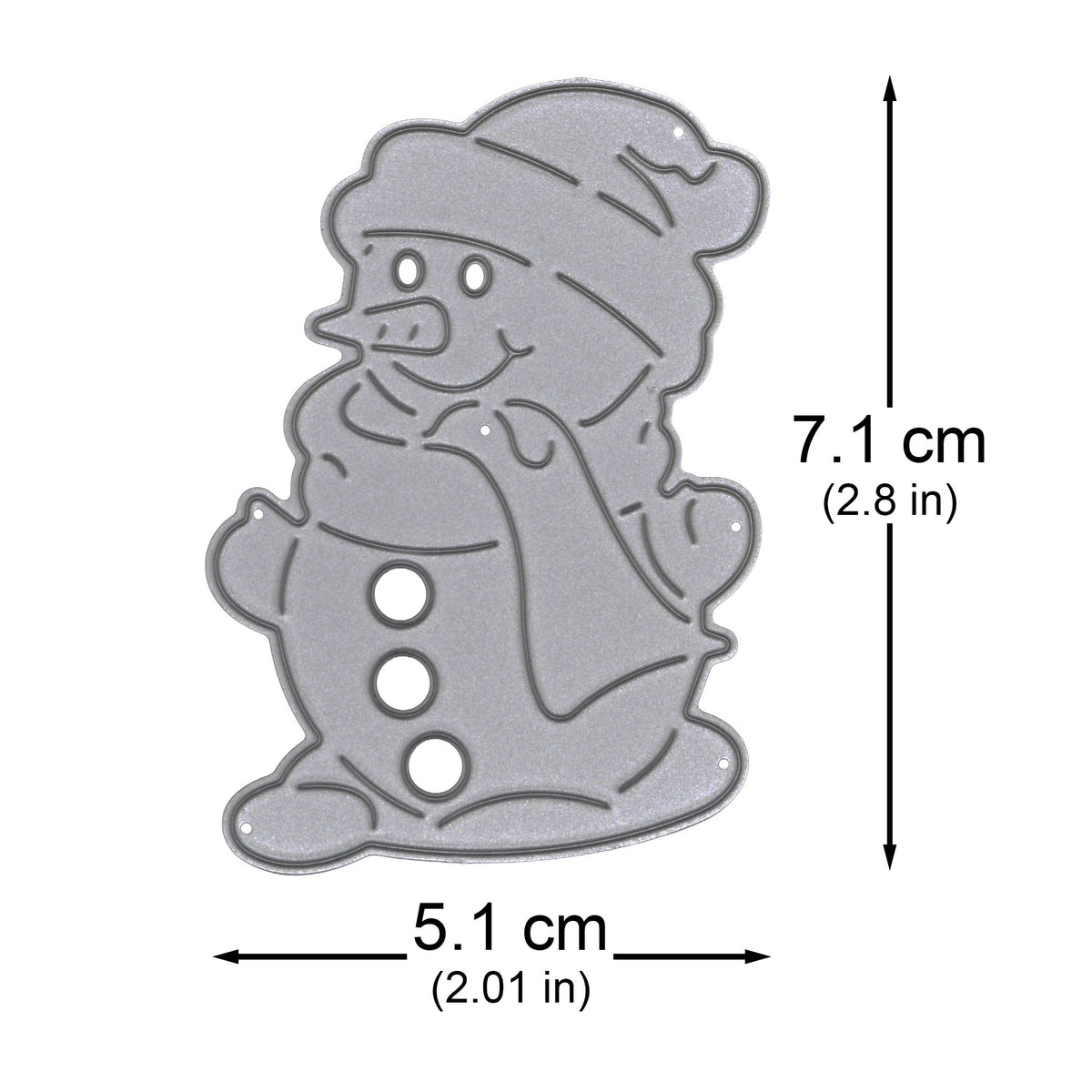 Snowman metal cutting die with measurement arrows showing 7.1 cm in height and 5.1 cm in width.