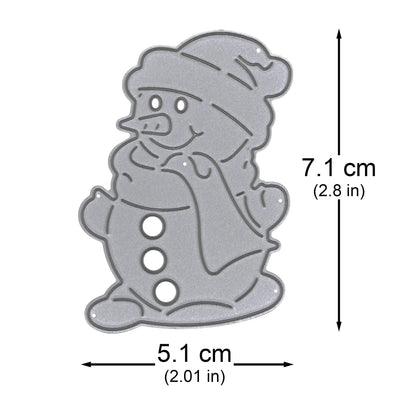 Snowman metal cutting die with measurement arrows showing 7.1 cm in height and 5.1 cm in width.