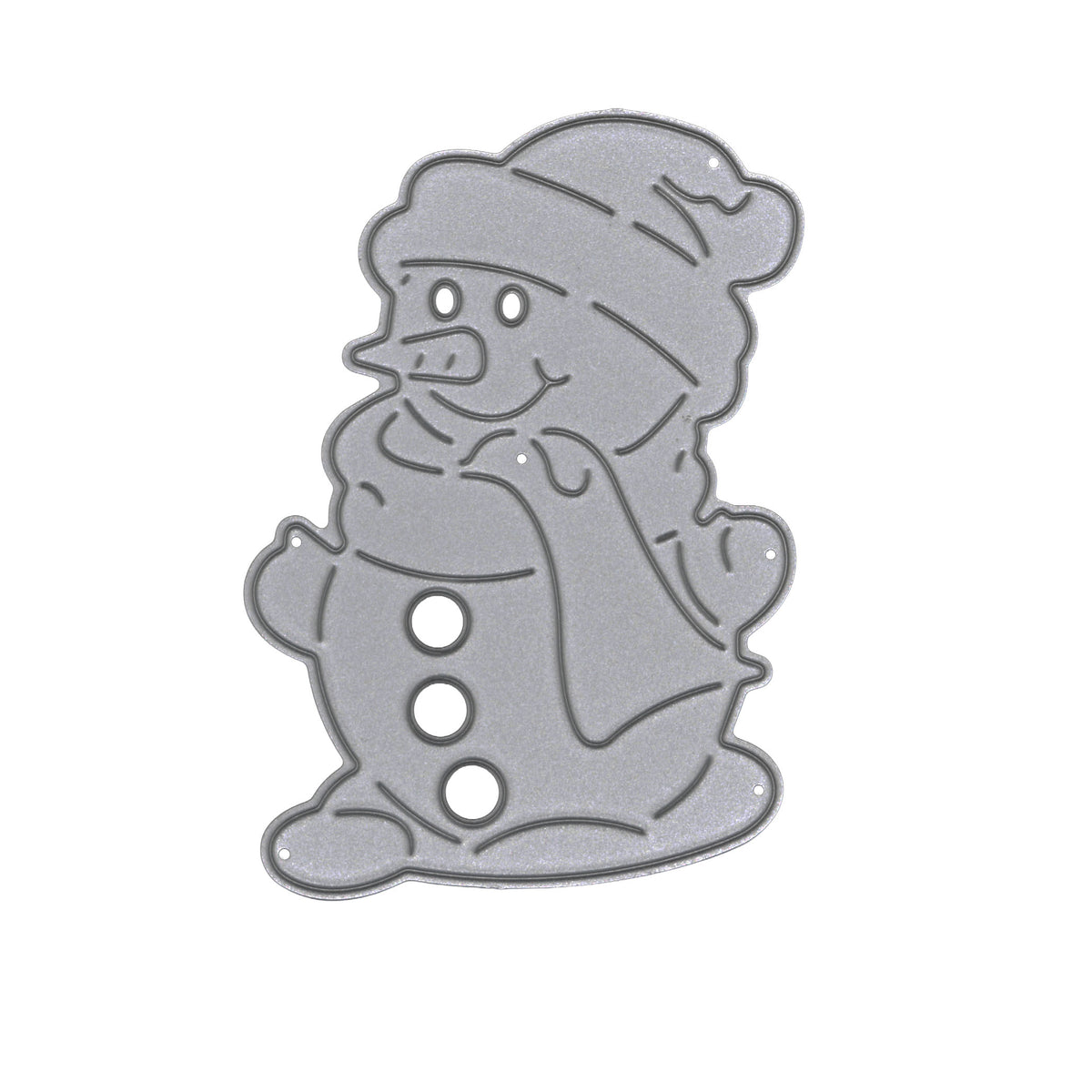 Snowman metal cutting die on white, showing the smiling face, bobble hat, scarf and mittens.