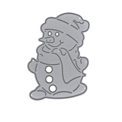 Snowman metal cutting die on white, showing the smiling face, bobble hat, scarf and mittens.