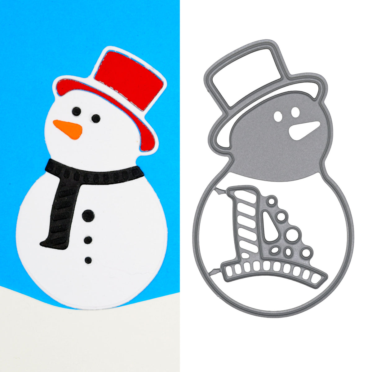 Snowman metal cutting dies beside an assembled paper snowman with a red top hat and black scarf, shown on blue and white backgrounds.