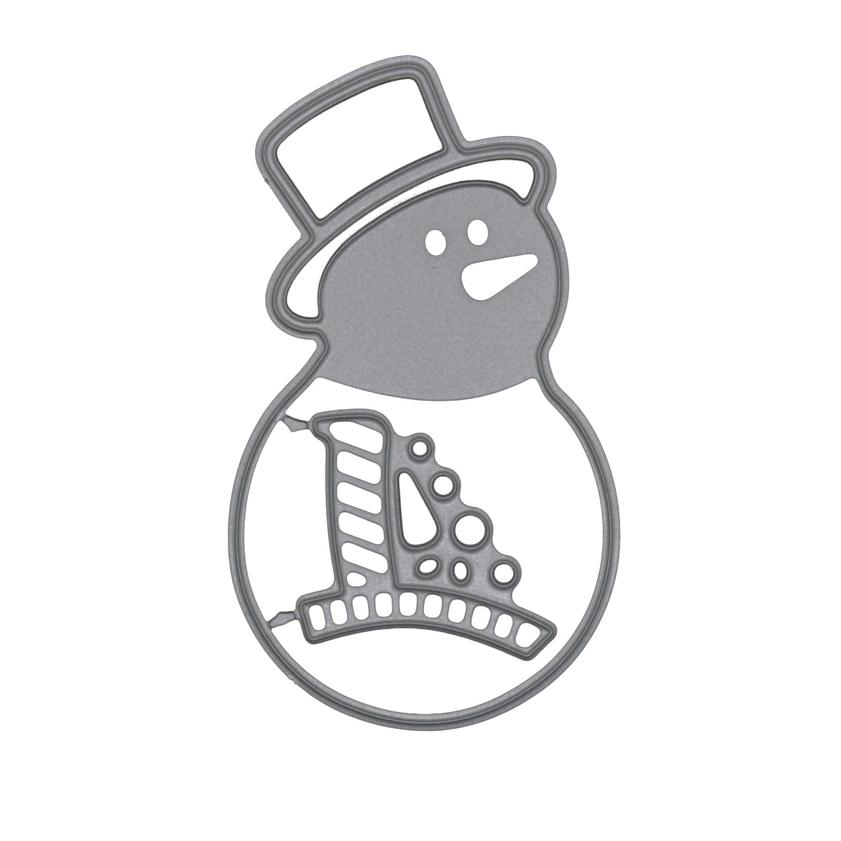 Snowman metal cutting dies on white, showing the top hat outline and joined scarf, nose, eye and button detail section.