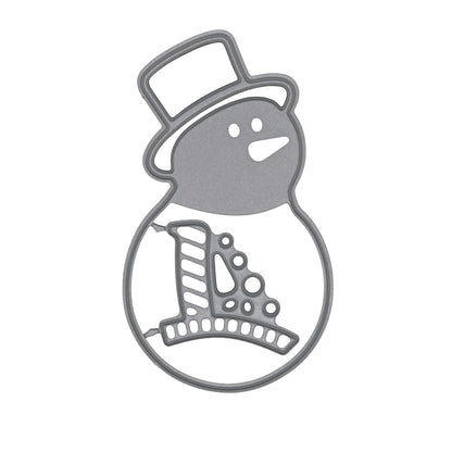 Snowman metal cutting dies on white, showing the top hat outline and joined scarf, nose, eye and button detail section.