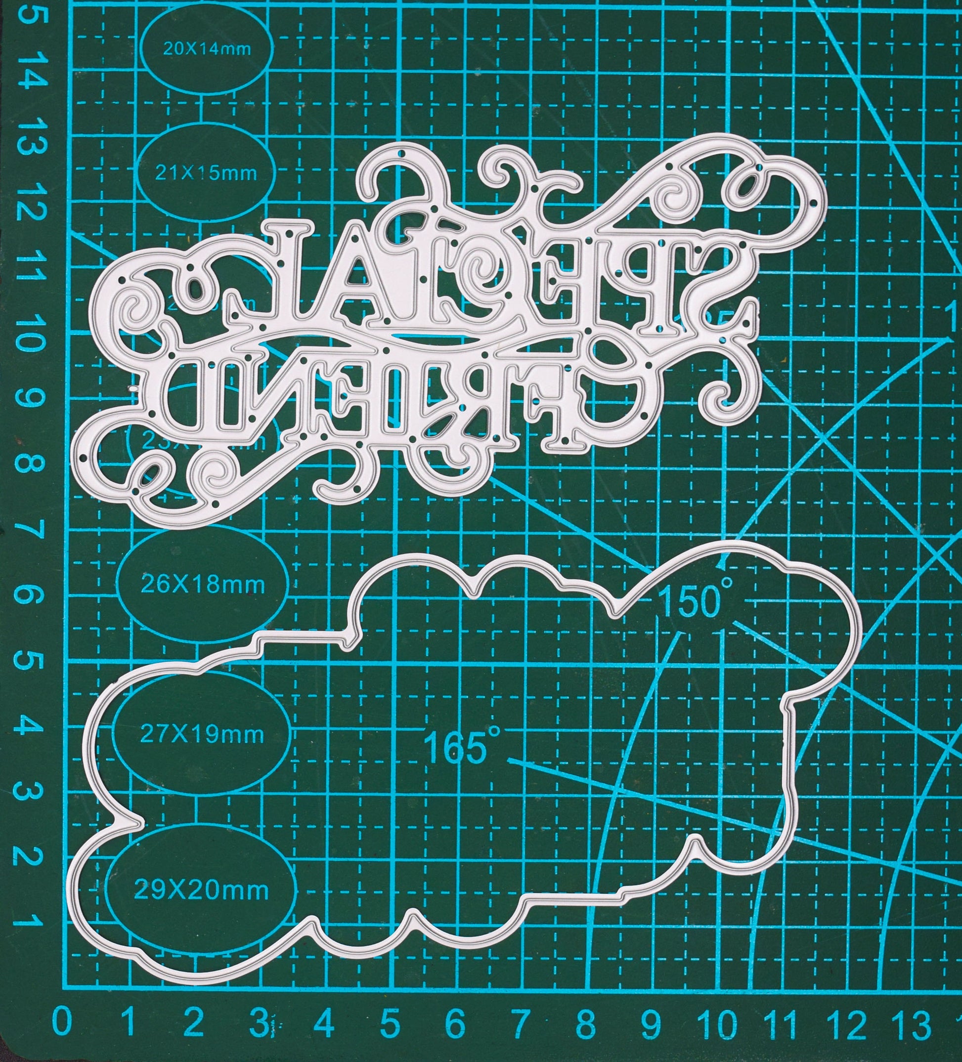 Special Friend sentiment die and coordinating outline metal cutting die displayed on a centimetre cutting mat for scale.