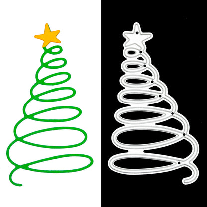 Finished green spiral Christmas tree paper cut displayed beside the matching metal cutting die for card making.