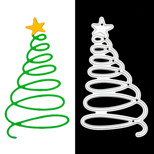 Finished green spiral Christmas tree paper cut displayed beside the matching metal cutting die for card making.