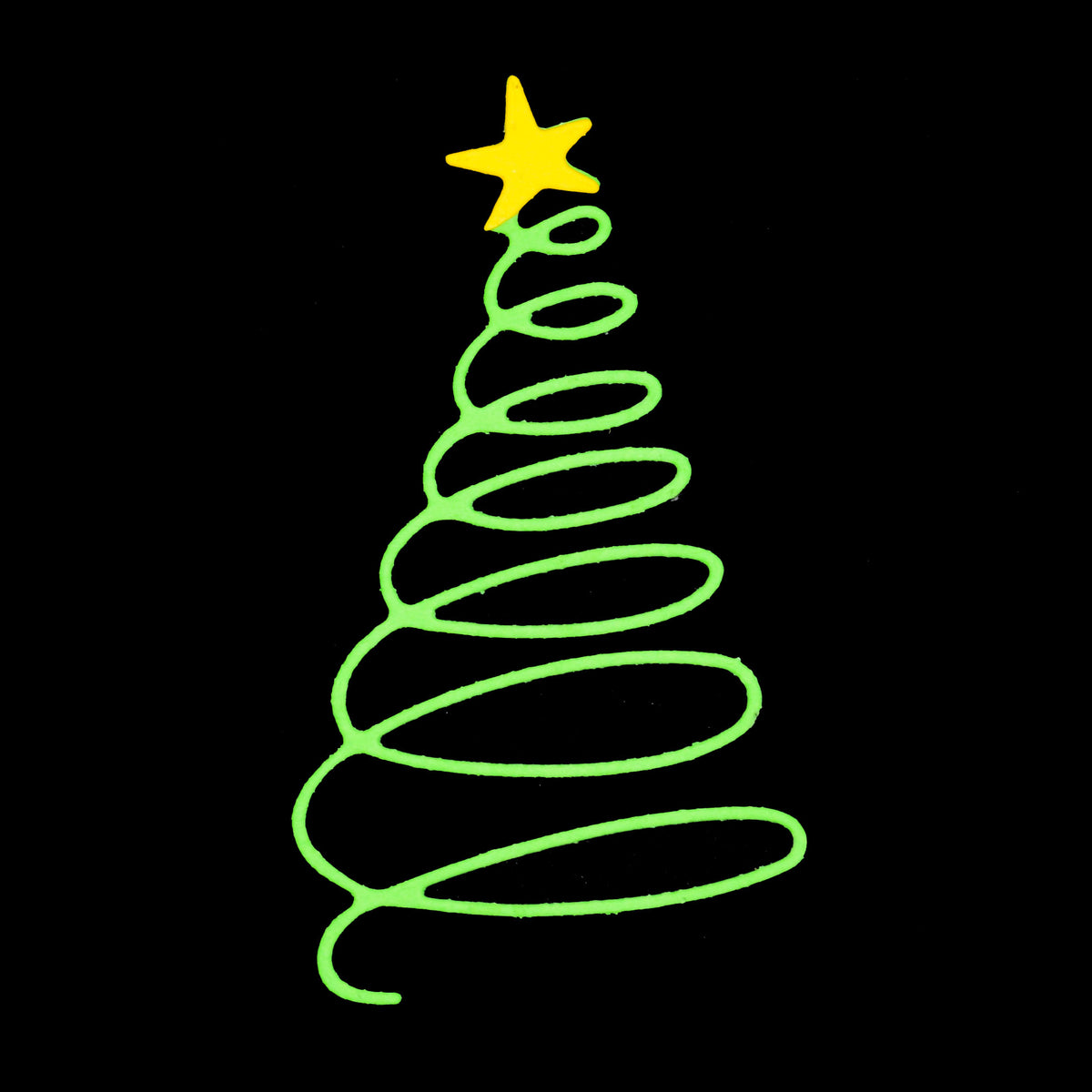Spiral Christmas tree metal cutting die shown beside the finished green and yellow festive paper cut.