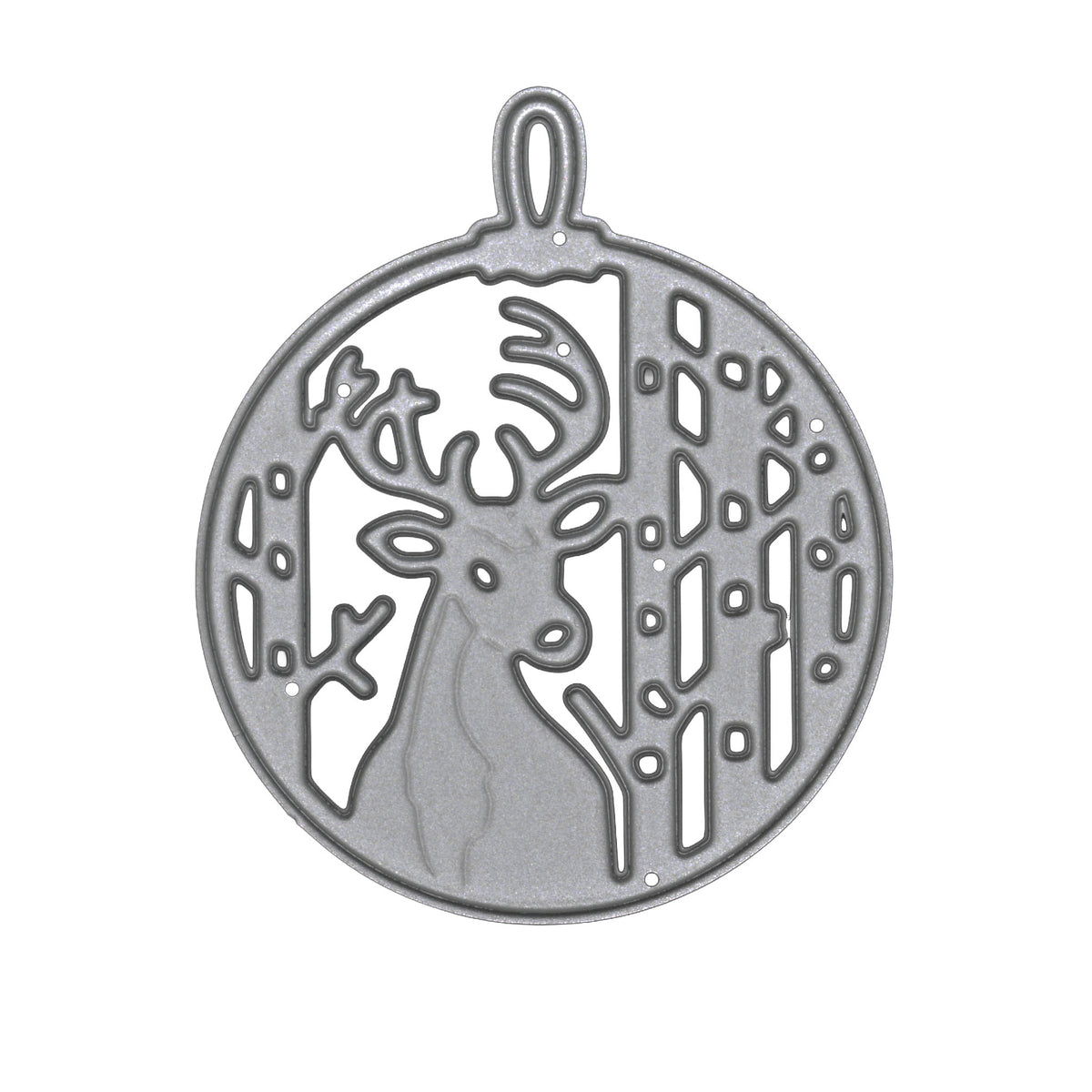 Stag Christmas bauble metal cutting die on white, featuring an antlered deer among bare woodland trees inside a round ornament.